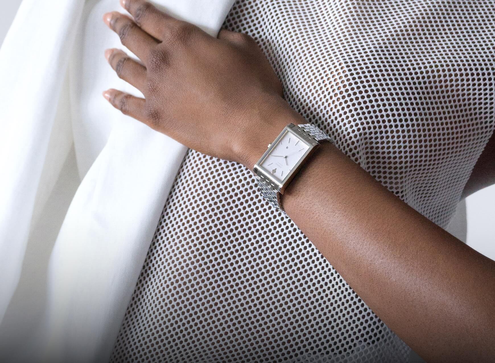VIEREN Matte White women's rectangular watch with stainless steel bracelet