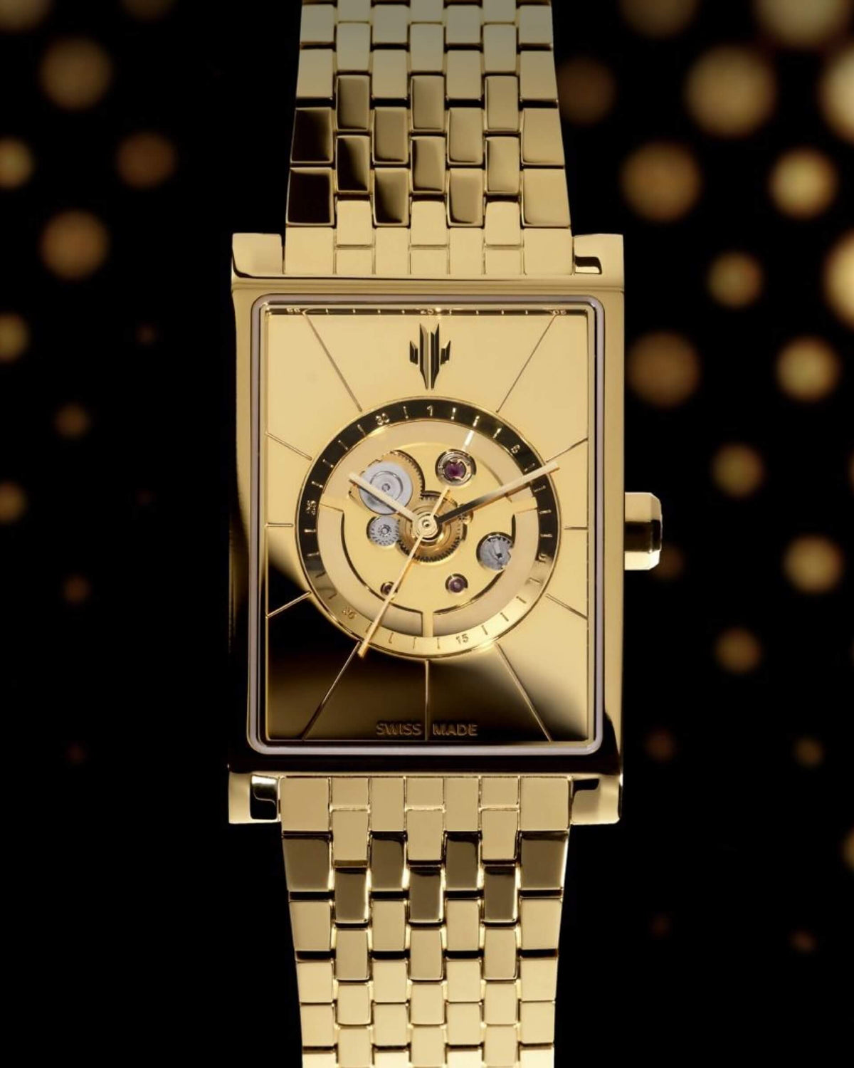 VIEREN Gold Mirror rectangular watch with polished skeleton dial