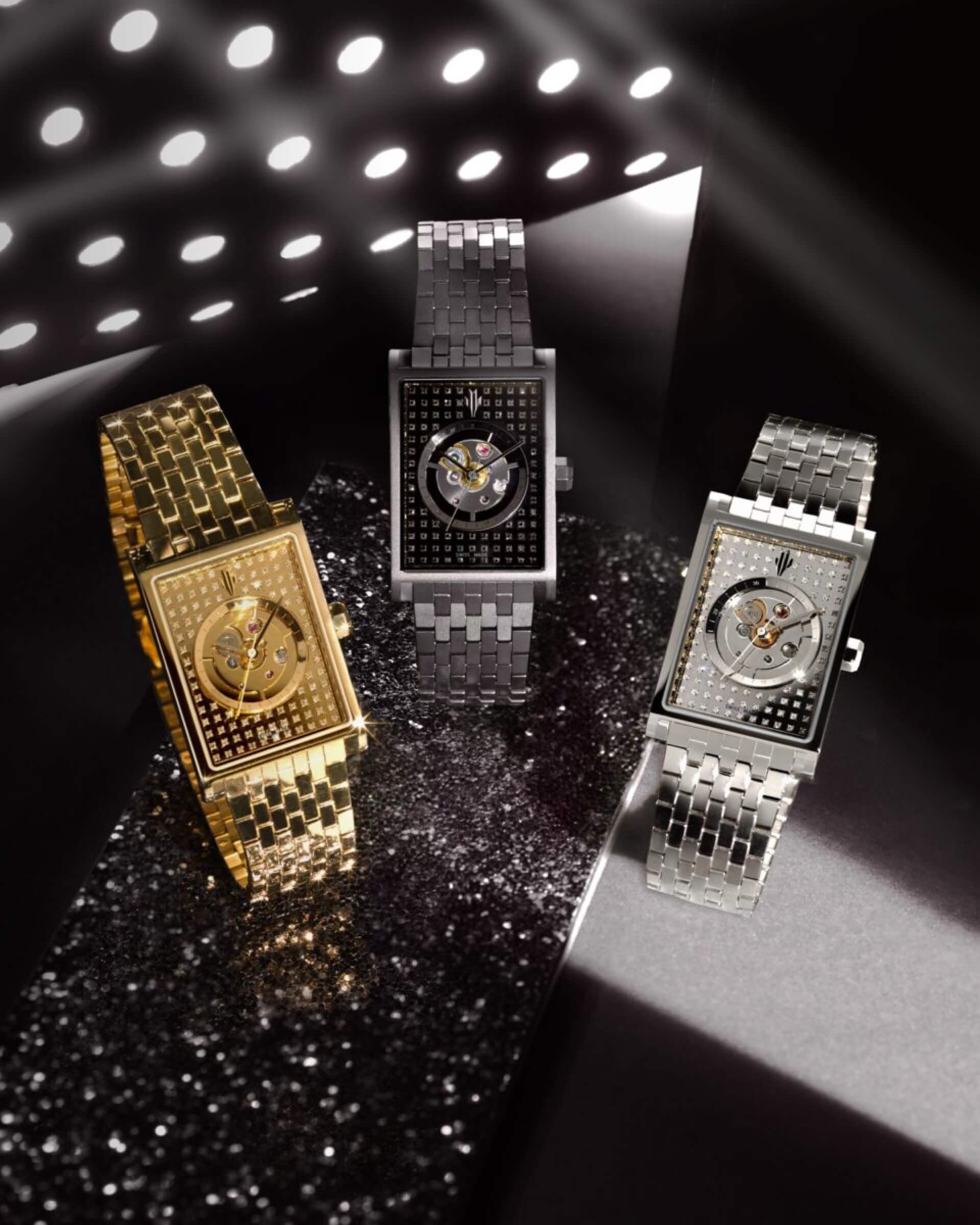 VIEREN Stereo Diamond skeleton rectangular watches in gold, silver, and black finishes