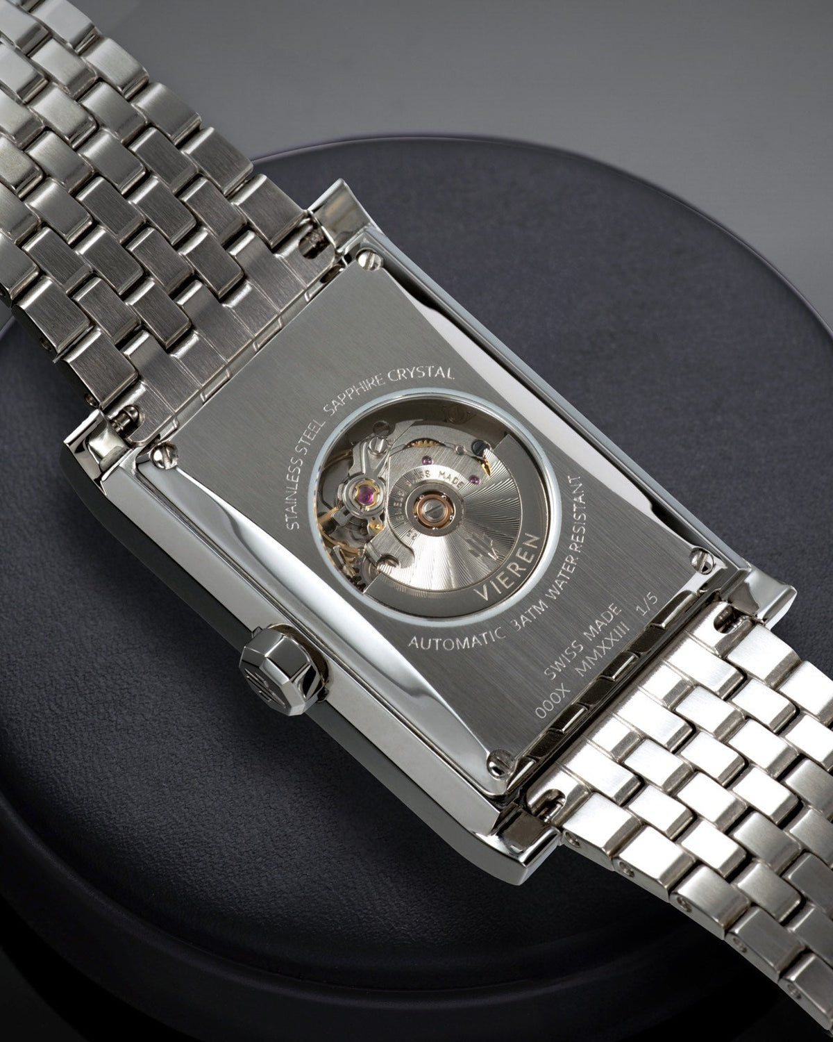 Luxury automatic rectangular watch caseback with Swiss Made ETA 2671 self-winding movement
