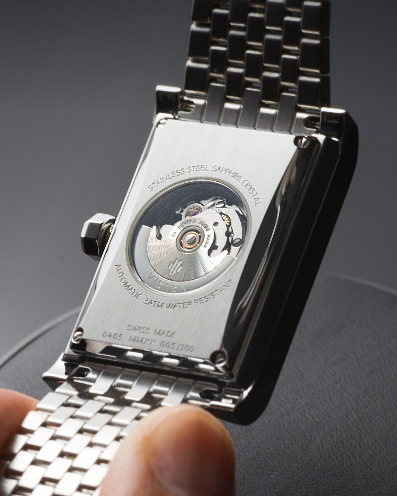 Luxury Swiss automatic watch caseback with stainless steel rectangular case