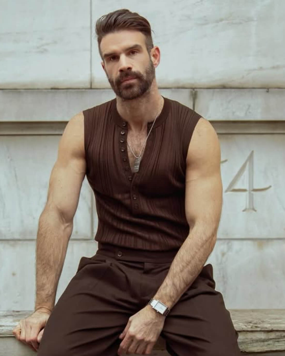 Christian Bendek wearing VIEREN Matte White rectangular watch