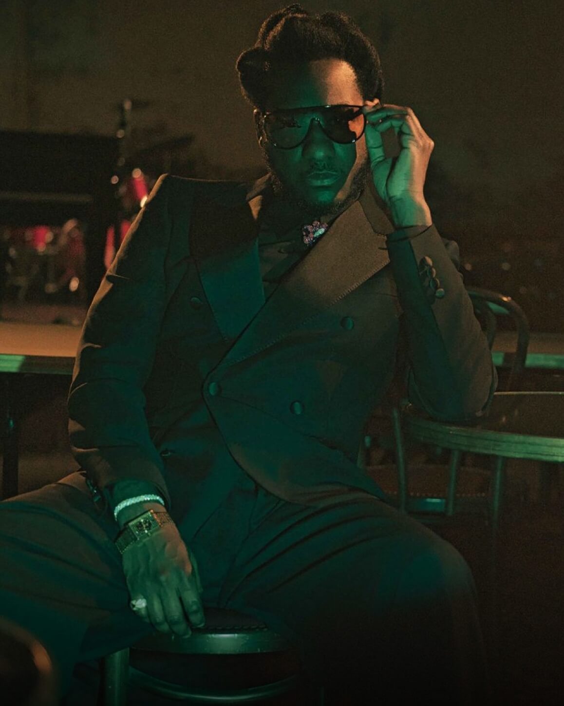 Leon Bridges wearing VIEREN Gold Stereo Diamond rectangular watch in Flaunt magazine
