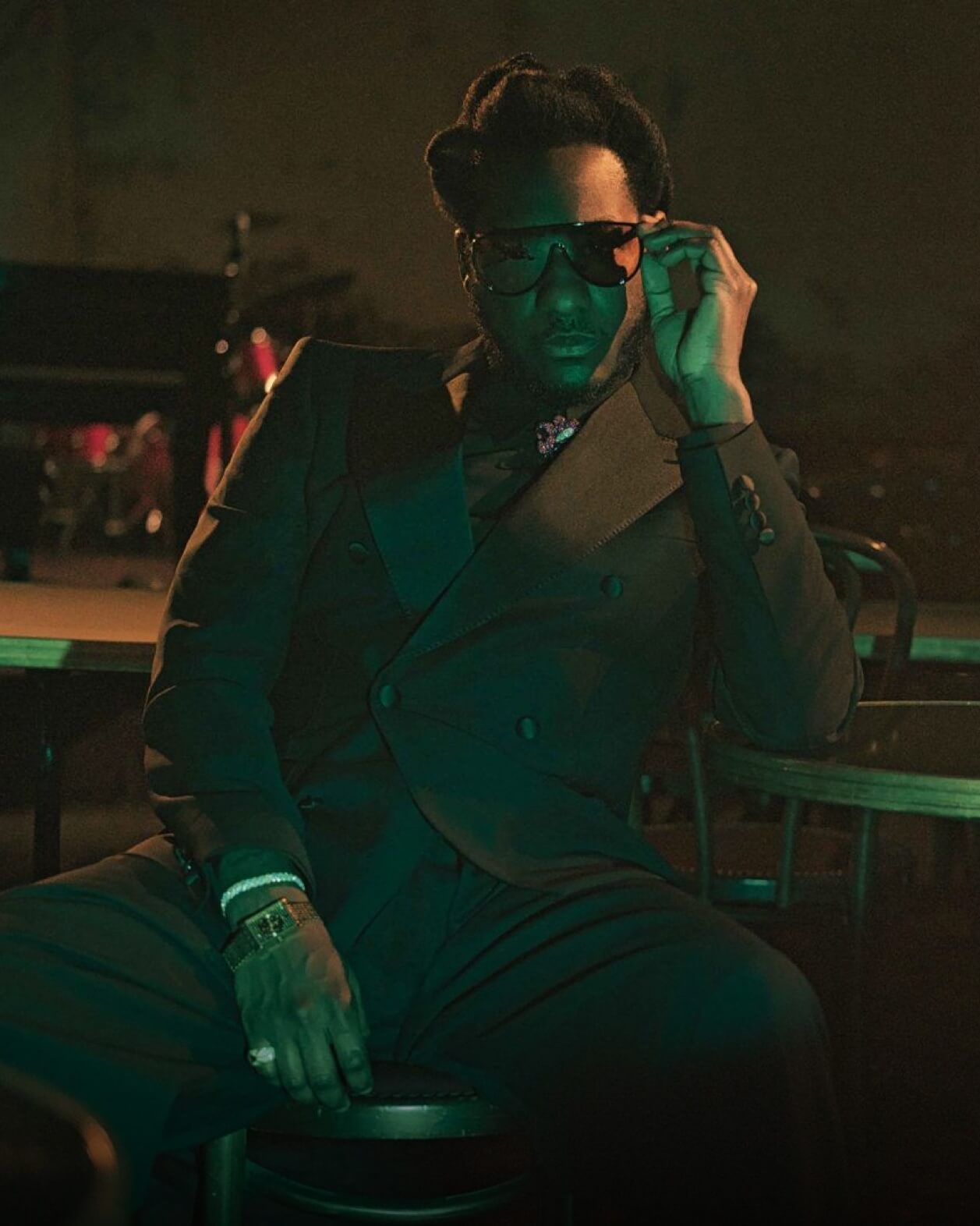 Leon Bridges wearing VIEREN Gold Stereo Diamond rectangular watch in Flaunt magazine