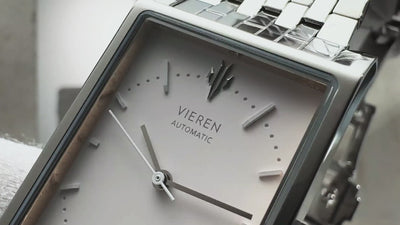 VIEREN Matte White rectangular watch craftsmanship showcasing Swiss watchmaking details