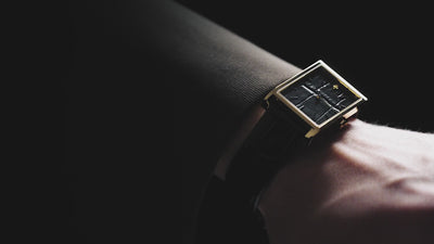 VIEREN Gold Croc leather gold rectangular watch collection campaign with leather strap and dial on men's and women's wrists