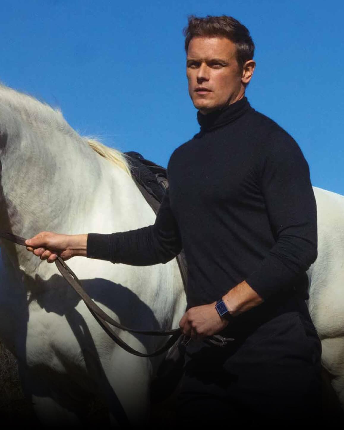 Outlander actor Sam Heughan wearing VIEREN Black Croc leather rectangular watch
