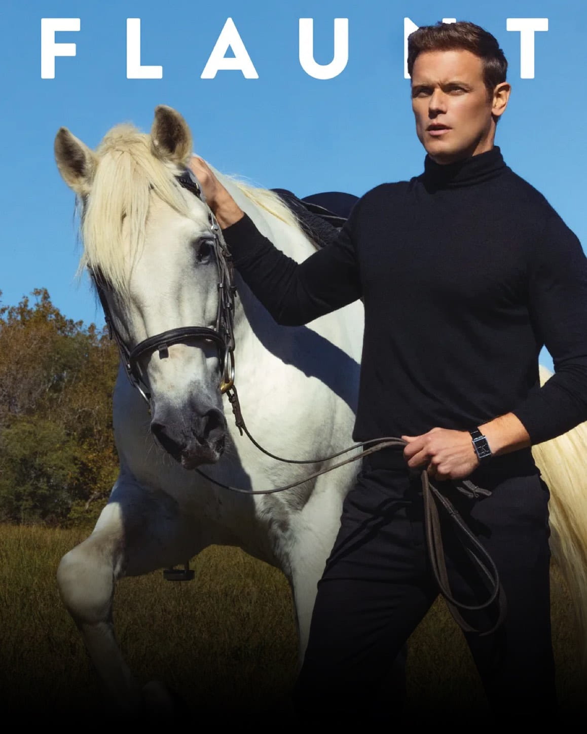 Outlander star Sam Heughan wearing VIEREN Black Croc leather watch on Flaunt Magazine cover