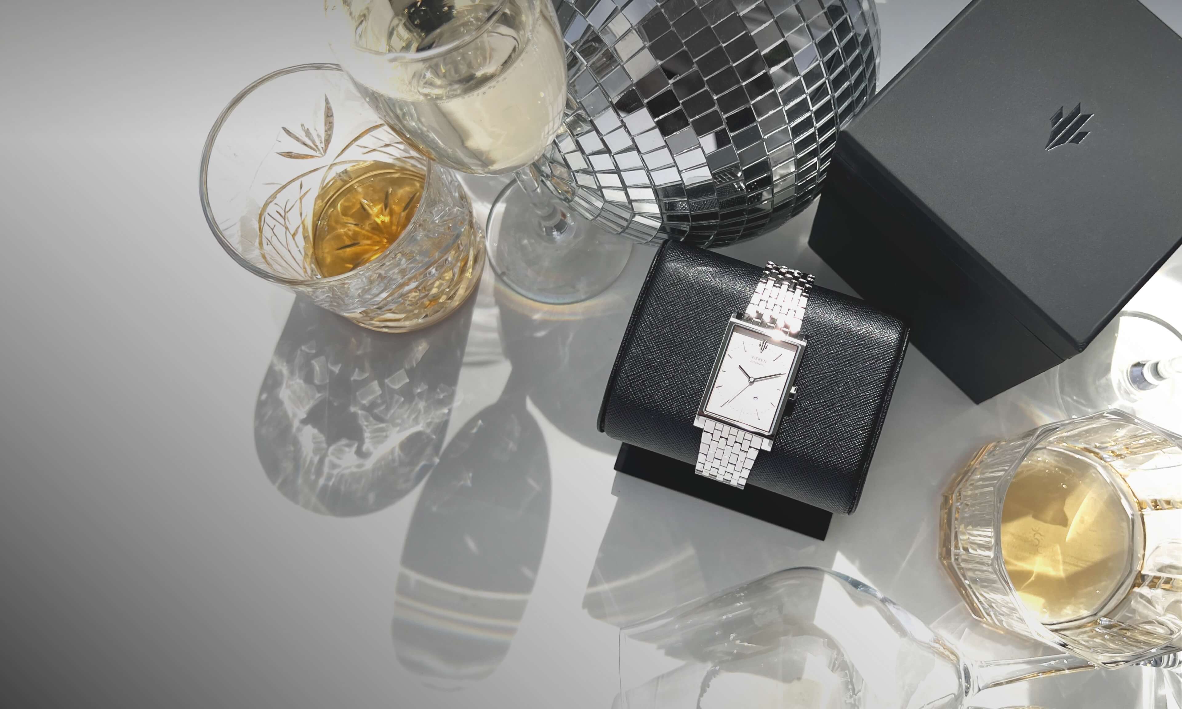 VIEREN Silver rectangular watch on watch stand with box set for birthday gifts