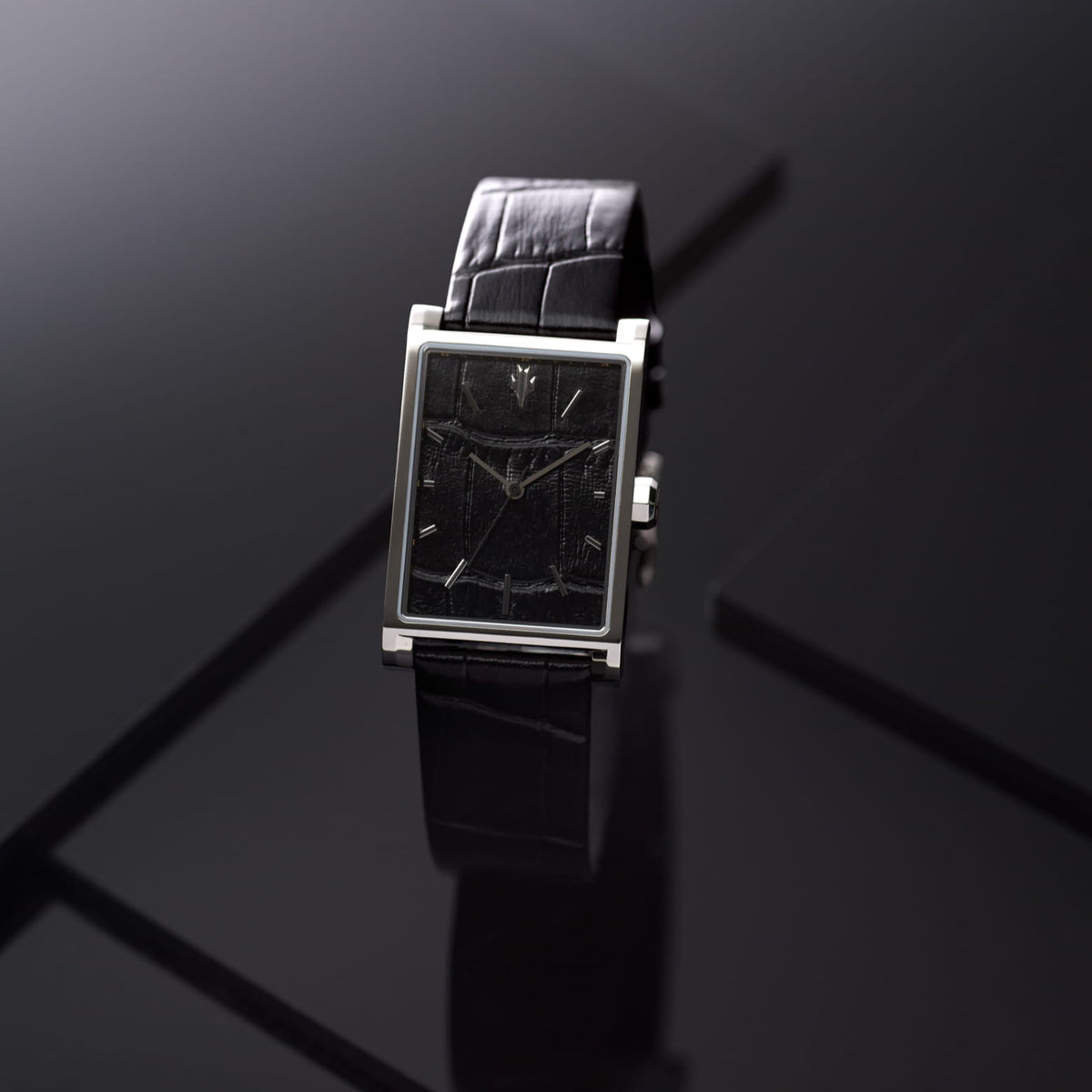 VIEREN Black Croc leather men's rectangular watch