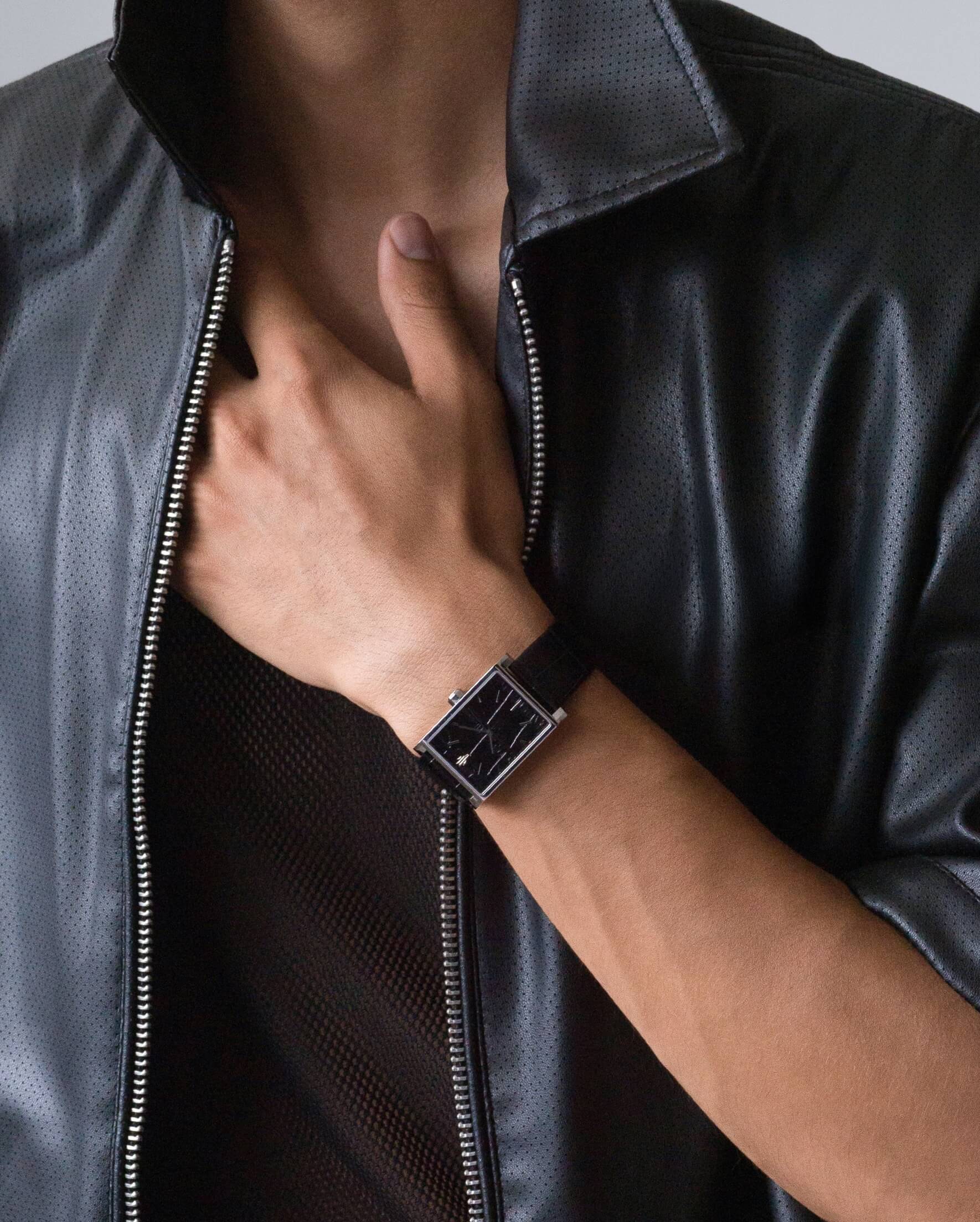 VIEREN Black Croc leather men's watch styled with leather pants