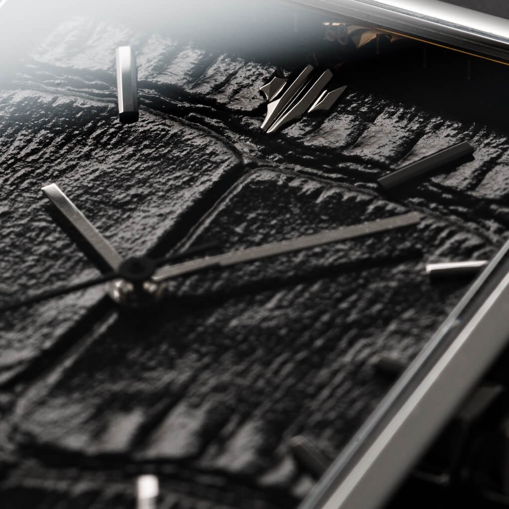 VIEREN Black Croc Leather rectangular watch with genuine leather dial and silver icon