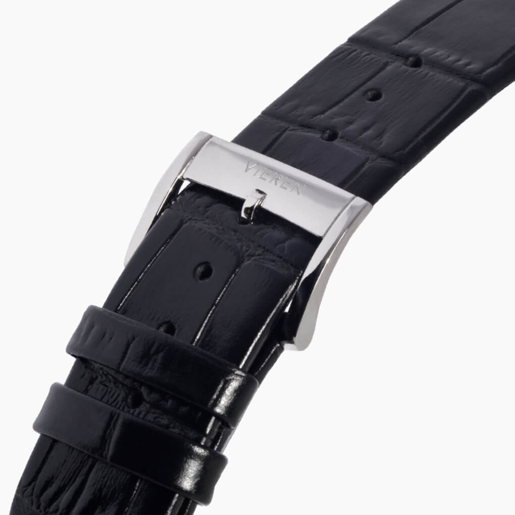 VIEREN Black Croc Leather rectangular watch with genuine leather strap and ardillon buckle