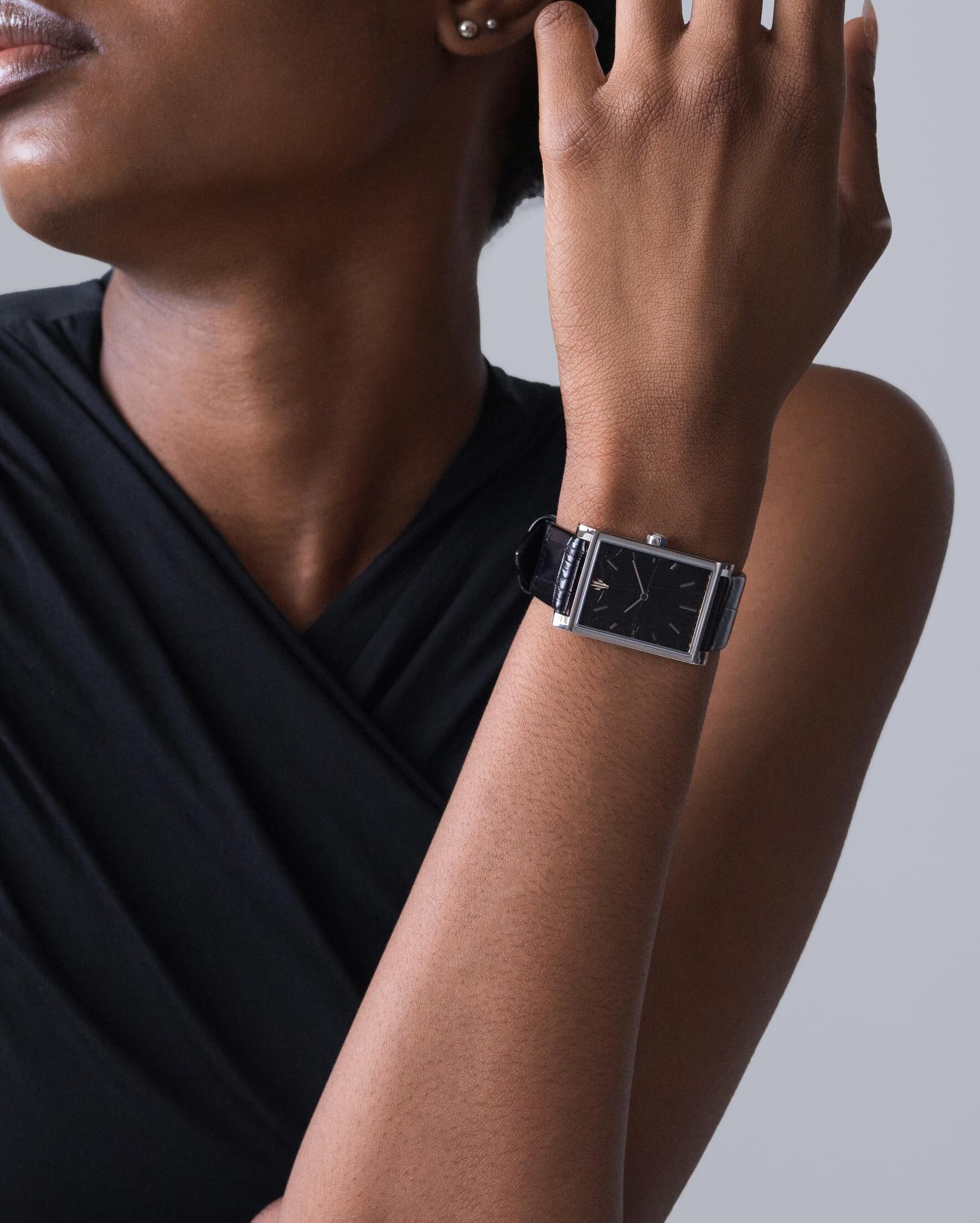 VIEREN Black Croc leather women's watch styled with black dress