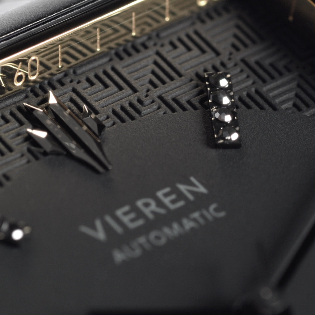 VIEREN Black Diamond rectangular watch dial with 31 black diamond indices on geometric patterned dial