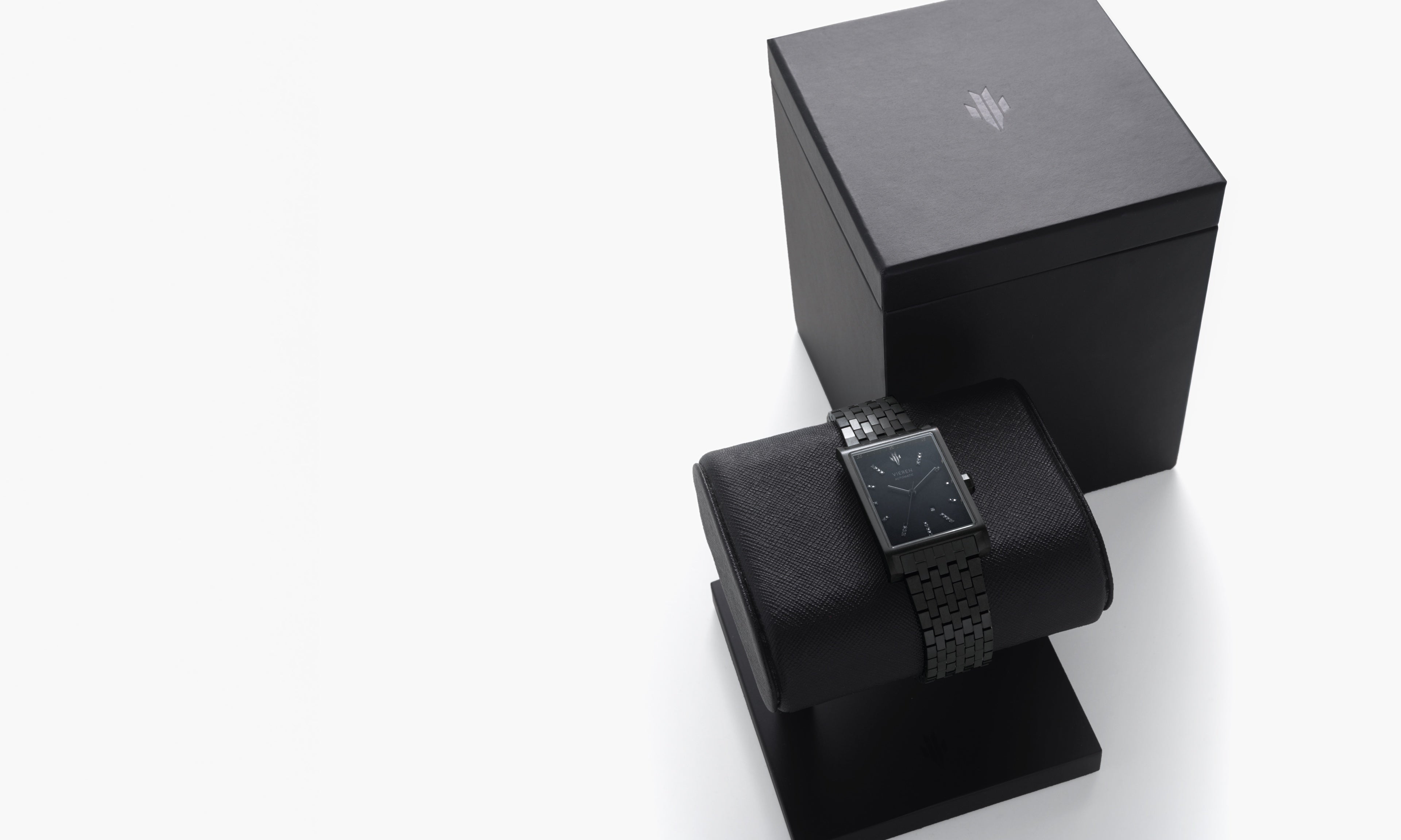 VIEREN Black Diamond rectangular watch with signature box set and display stand packaging