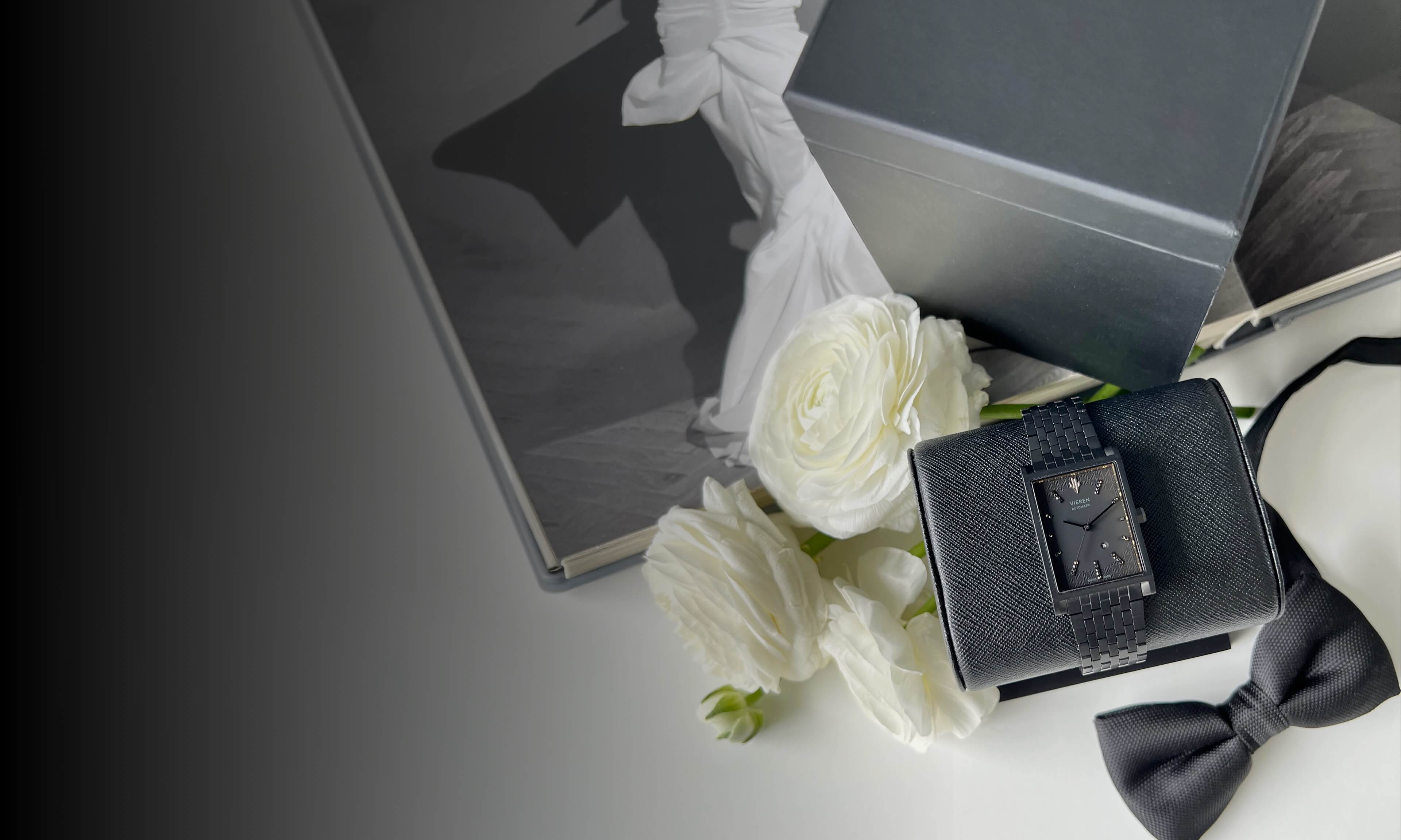 VIEREN Black Diamond rectangular watch with watch stand and box set wedding gift