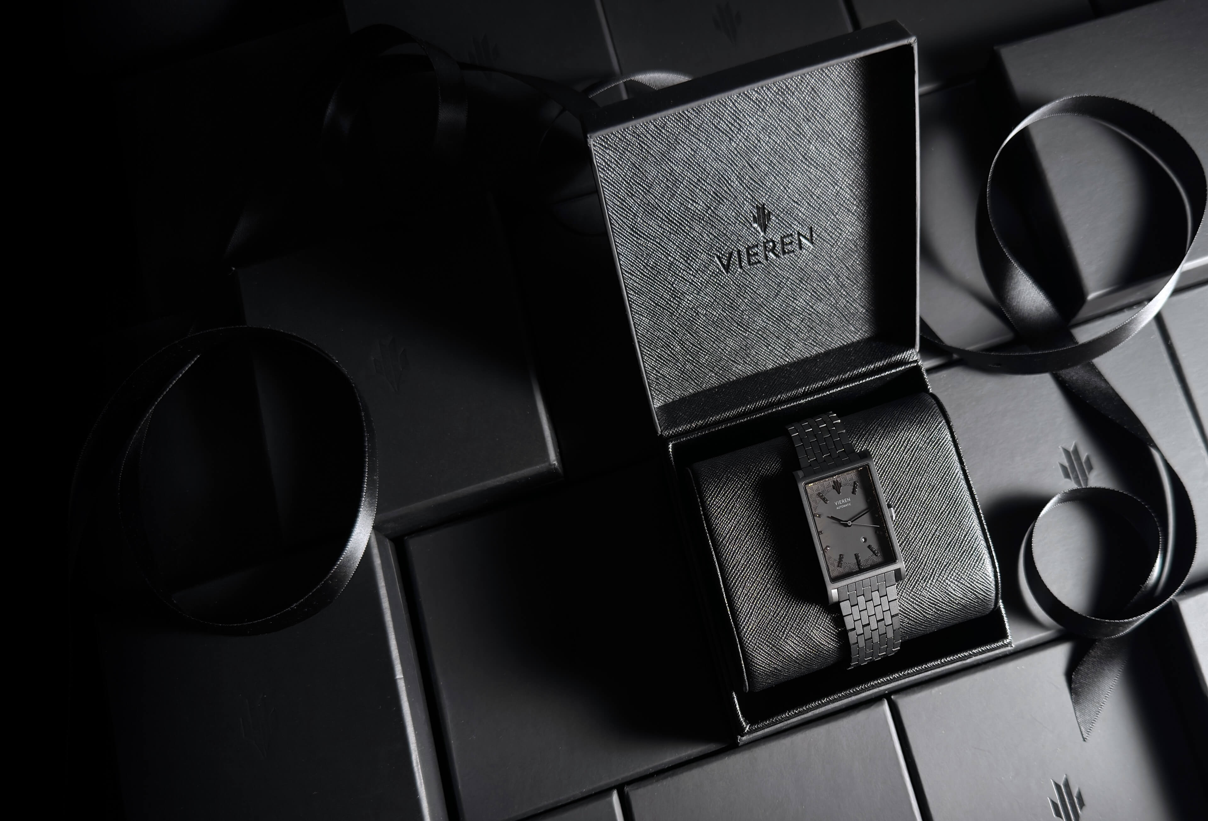 VIEREN Black Diamond watch with display stand and box set gift for her