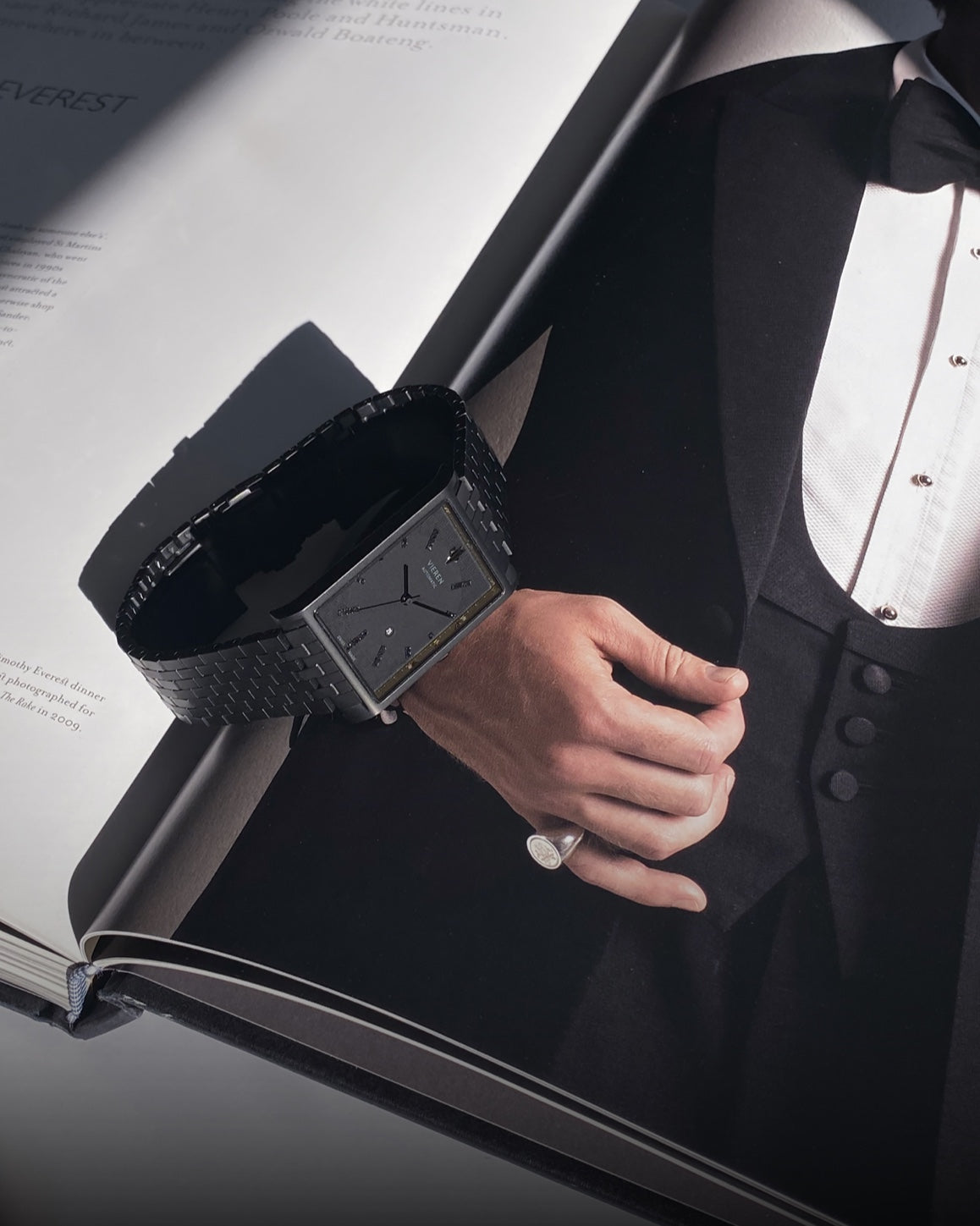 VIEREN black rectangular watch styled with black tie suit for wedding gifts