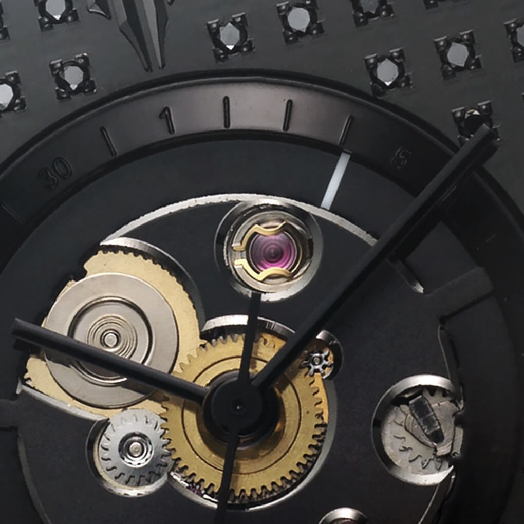 VIEREN Black Stereo Diamond rectangular watch date disc referencing vintage analog speakers
