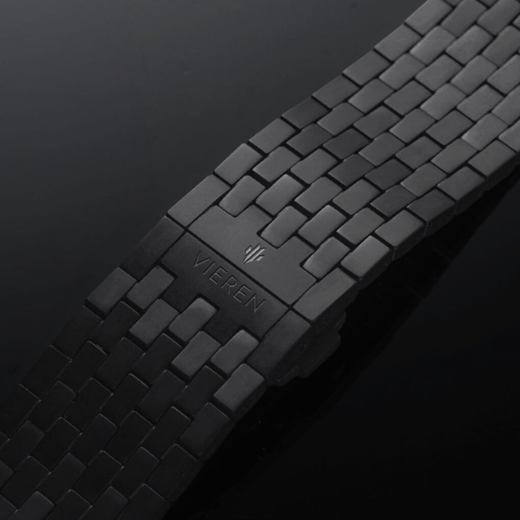 VIEREN Black Stereo Diamond rectangular watch with integrated DLC-coated bracelet and dual deployment clasp