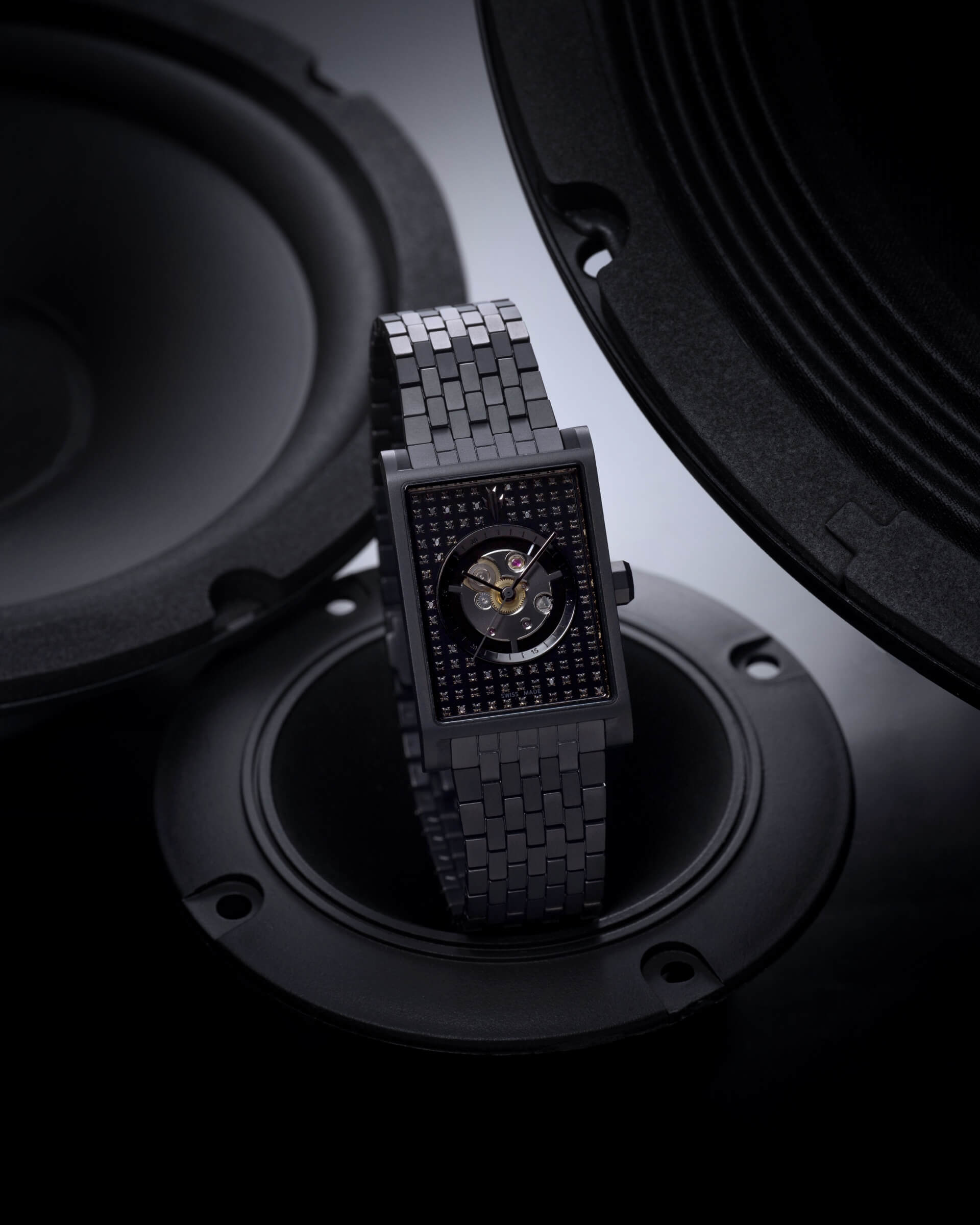 VIEREN Black Stereo Diamond rectangular watch inspired by Studio 54 glamour
