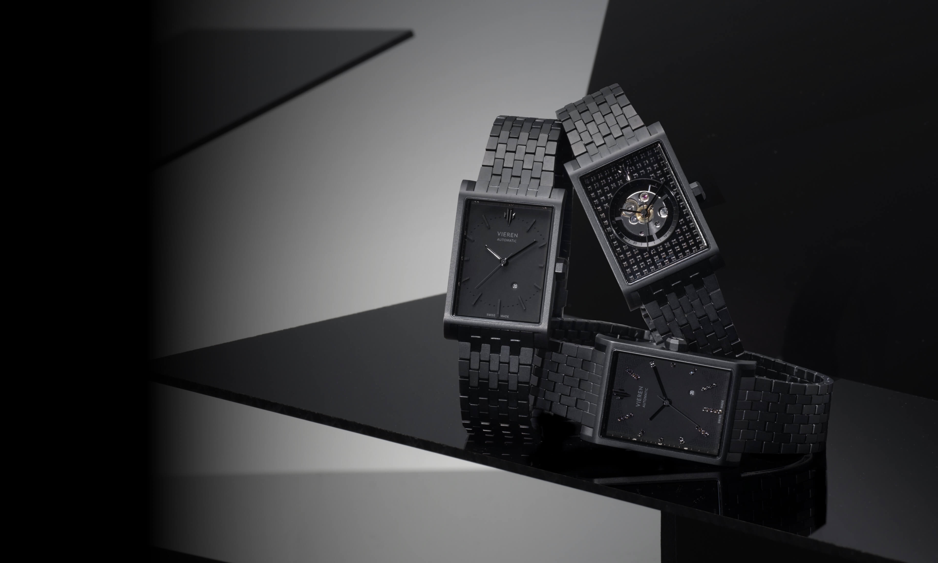 VIEREN black watches collection with luxury rectangular designs