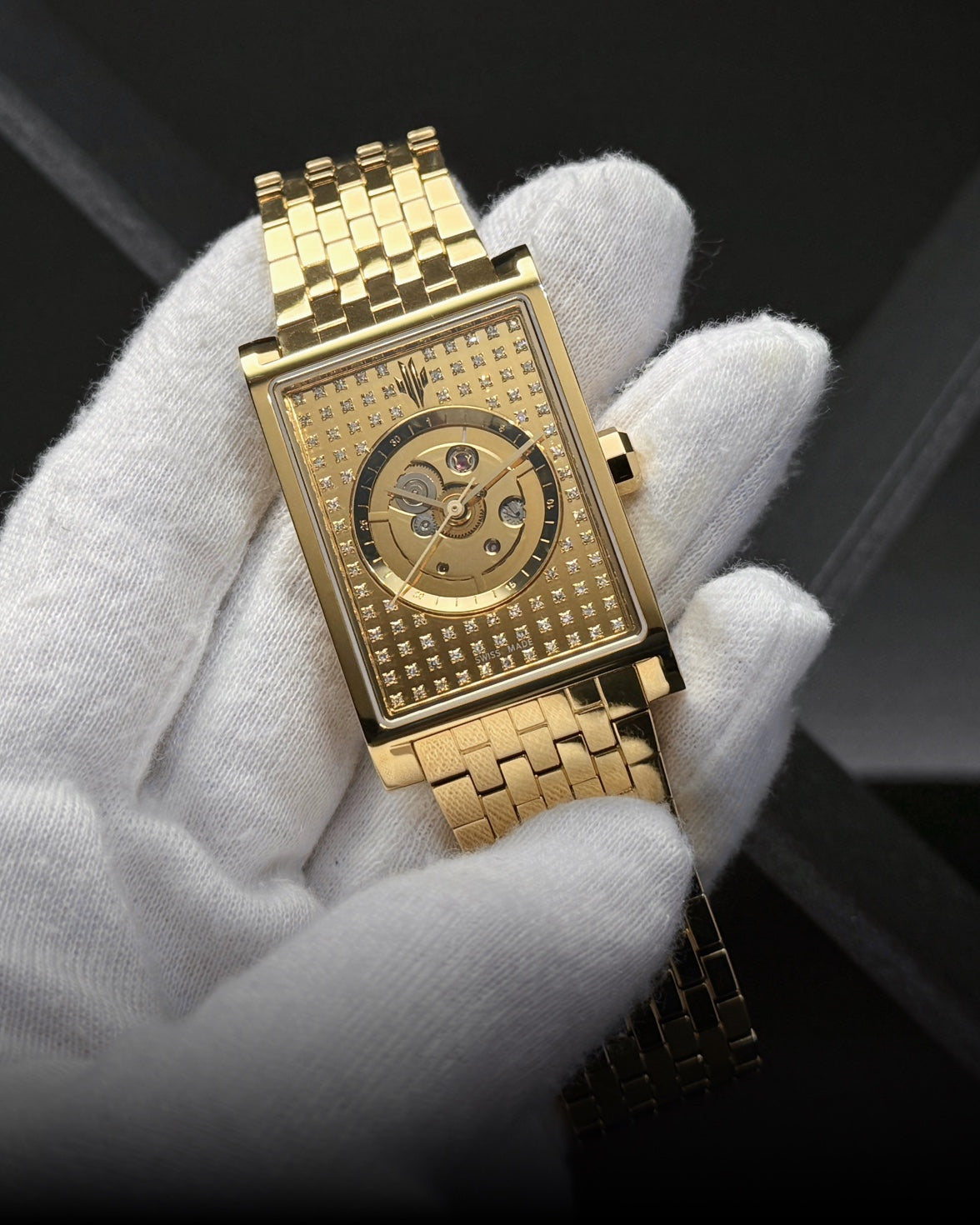 VIEREN gold rectangular skeleton watch with diamond dial and certified Swiss Made craftsmanship