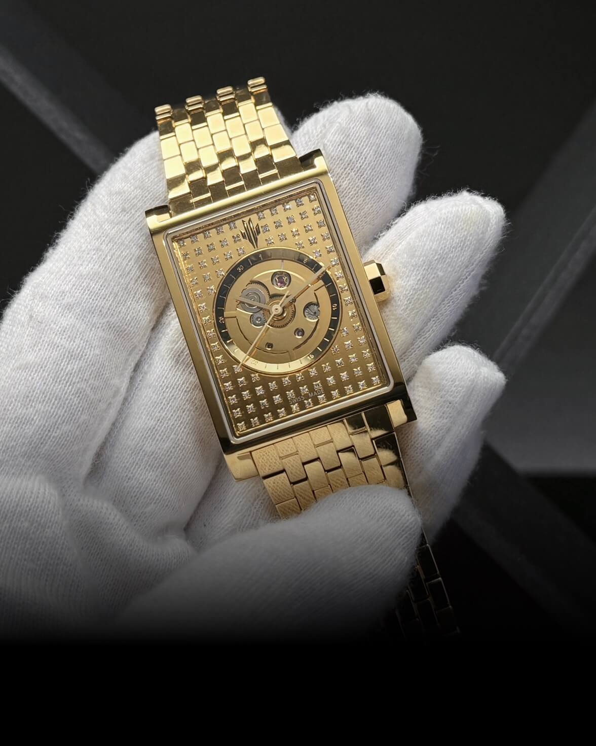 VIEREN gold rectangular skeleton watch with diamond dial and certified Swiss Made craftsmanship