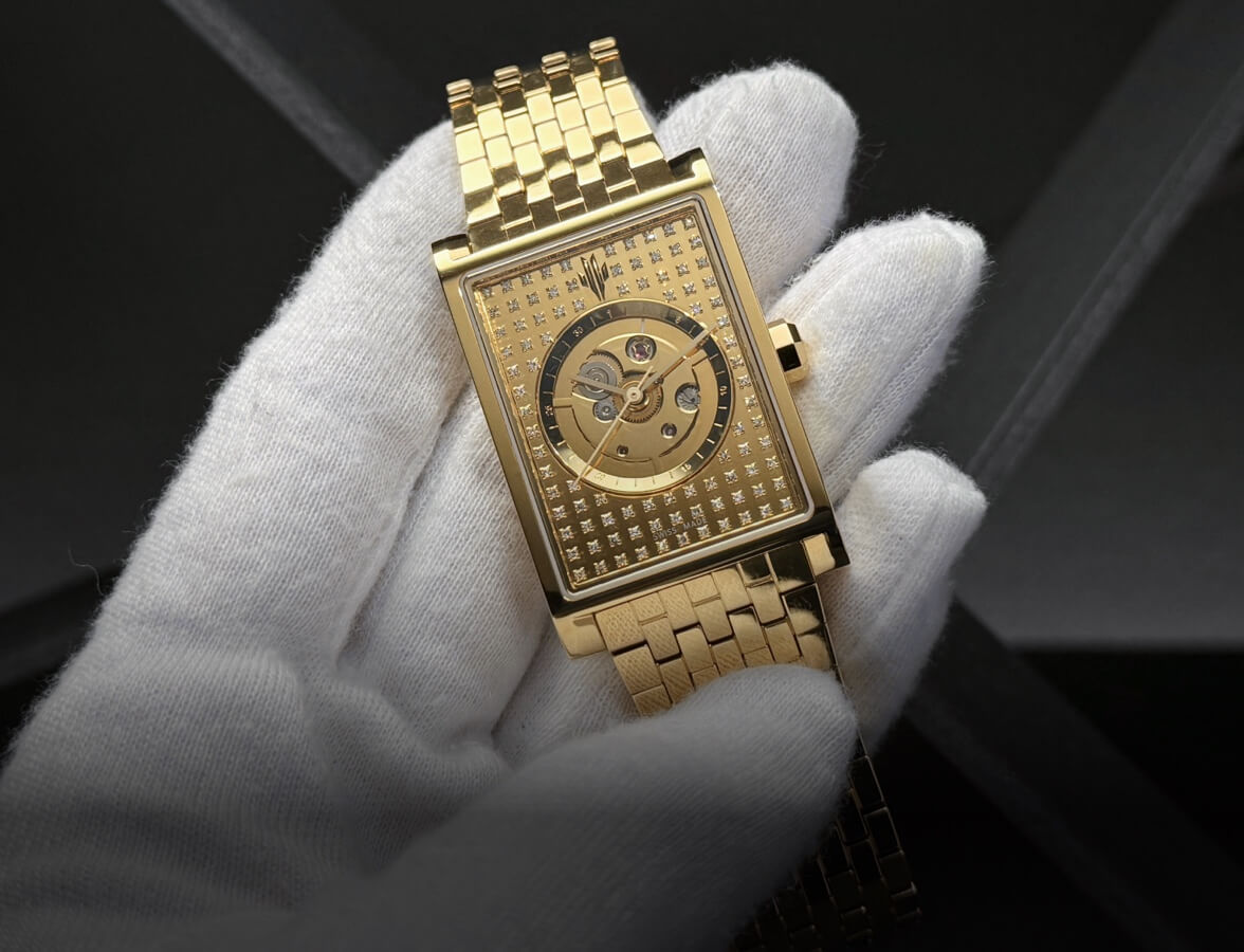 VIEREN gold rectangular skeleton watch with diamond dial and certified Swiss Made craftsmanship