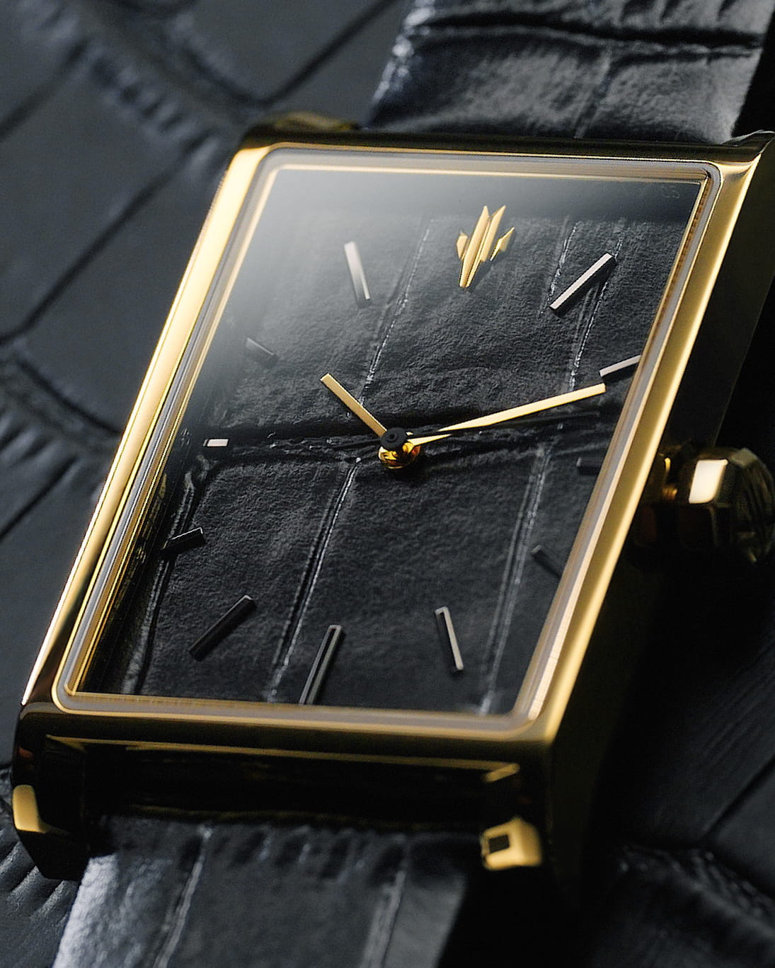 VIEREN gold rectangular watch case with croc-embossed black leather dial close-up