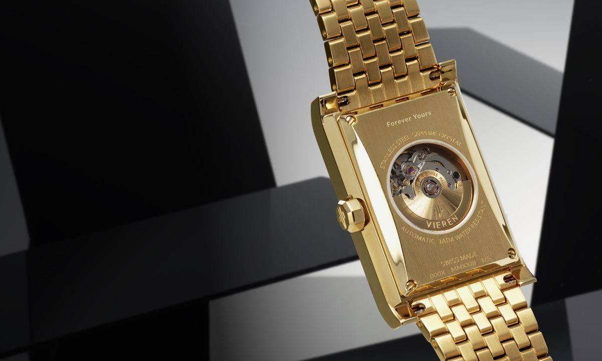 VIEREN engraved watch caseback with Swiss Made automatic movement and personalized engraving