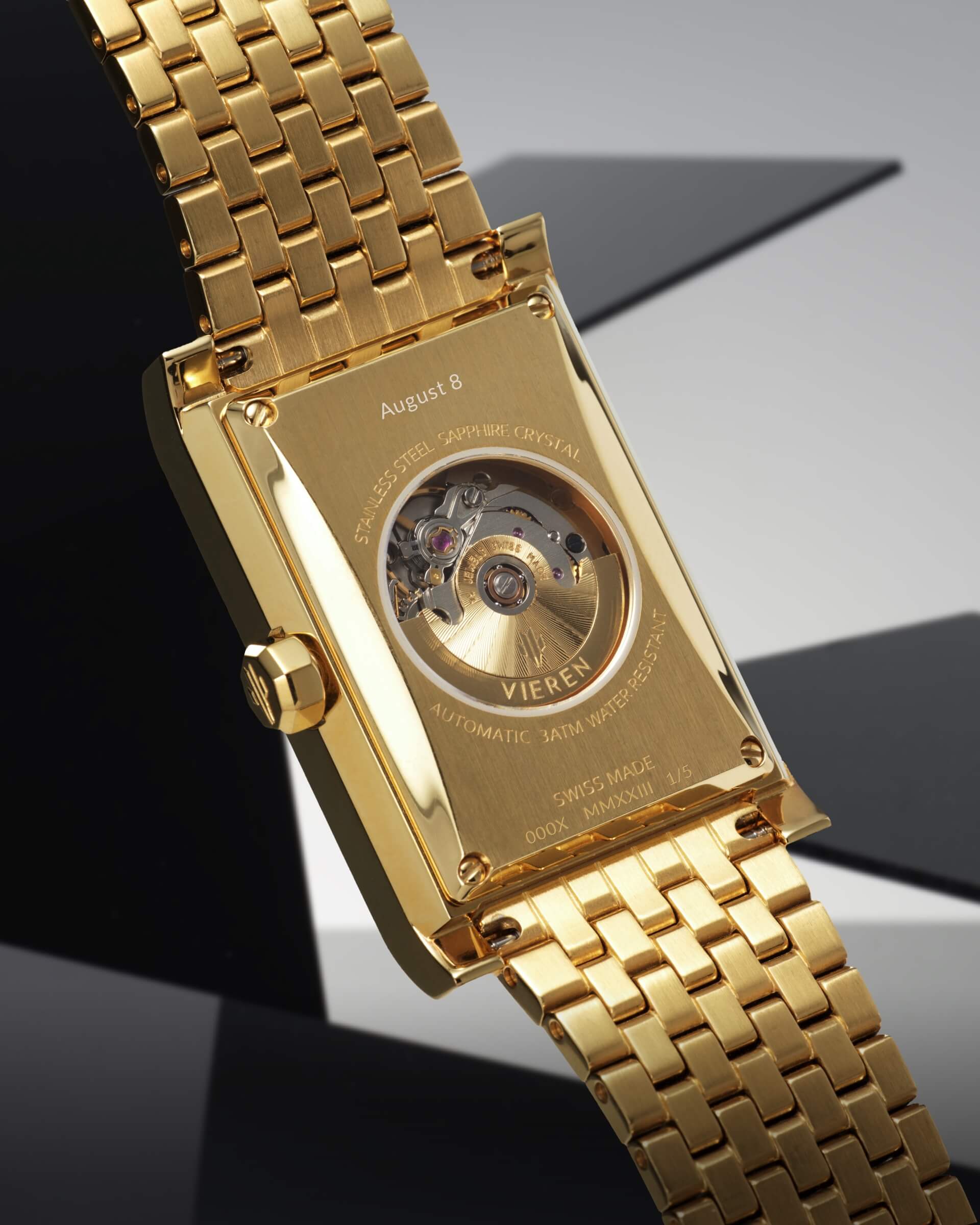 VIEREN Gold Mirror rectangular watch caseback with personalized engraving