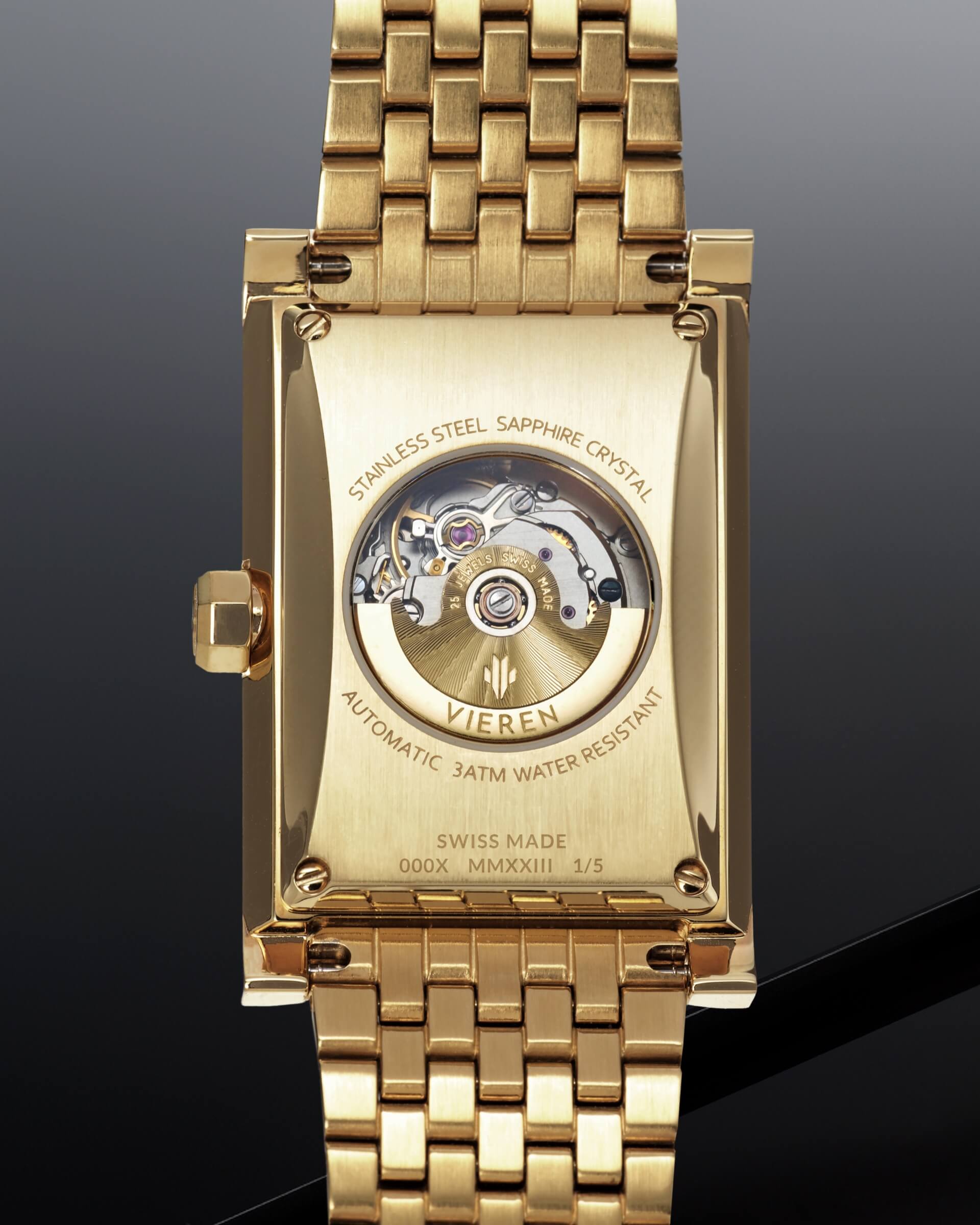 VIEREN Gold Mirror rectangular watch with Swiss Made ETA 2671 automatic movement, 25 jewels, and 44-hour power reserve