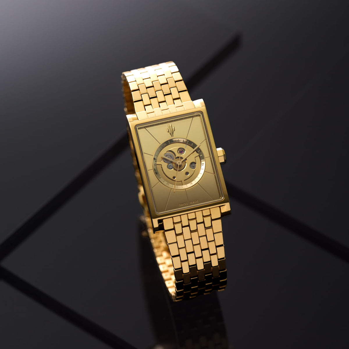VIEREN Gold Mirror gold rectangular watch with polished gold skeleton dial