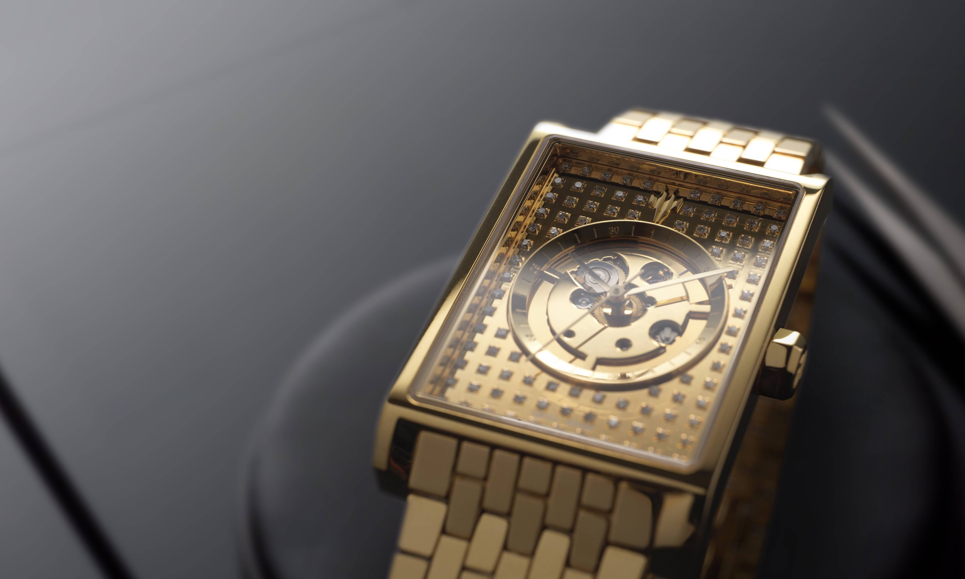 VIEREN Gold Stereo Diamond rectangular watch case dimensions 41.5 mm x 27 mm x 9.2 mm