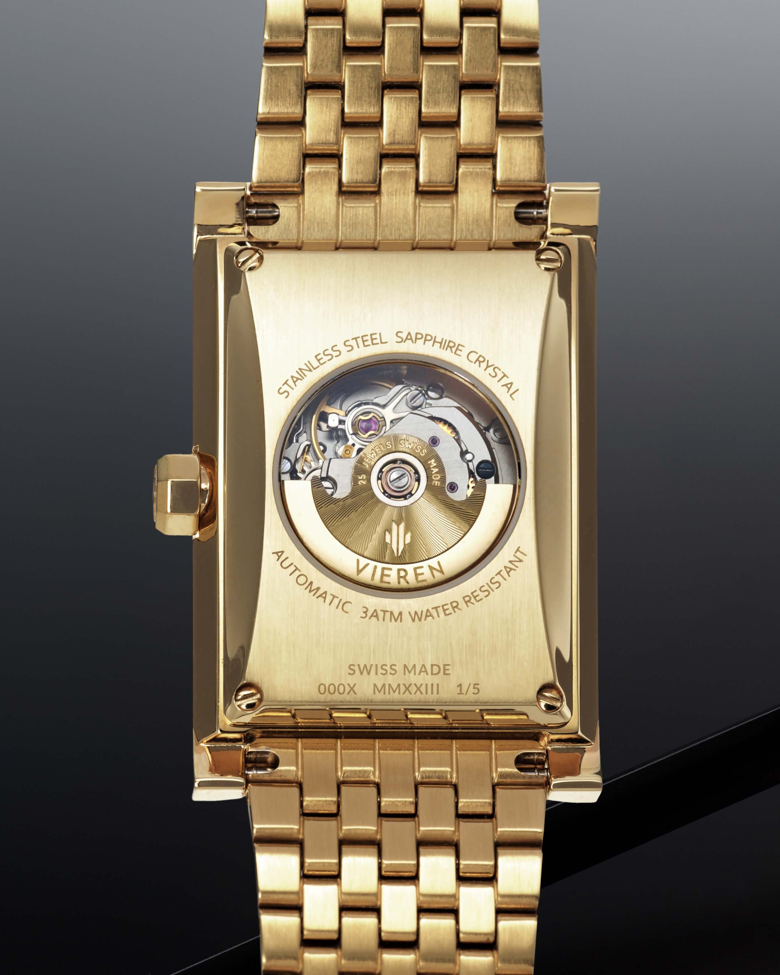 VIEREN Gold Stereo Diamond rectangular watch with Swiss Made ETA 2671 automatic movement, 25 jewels, and 44-hour power reserve