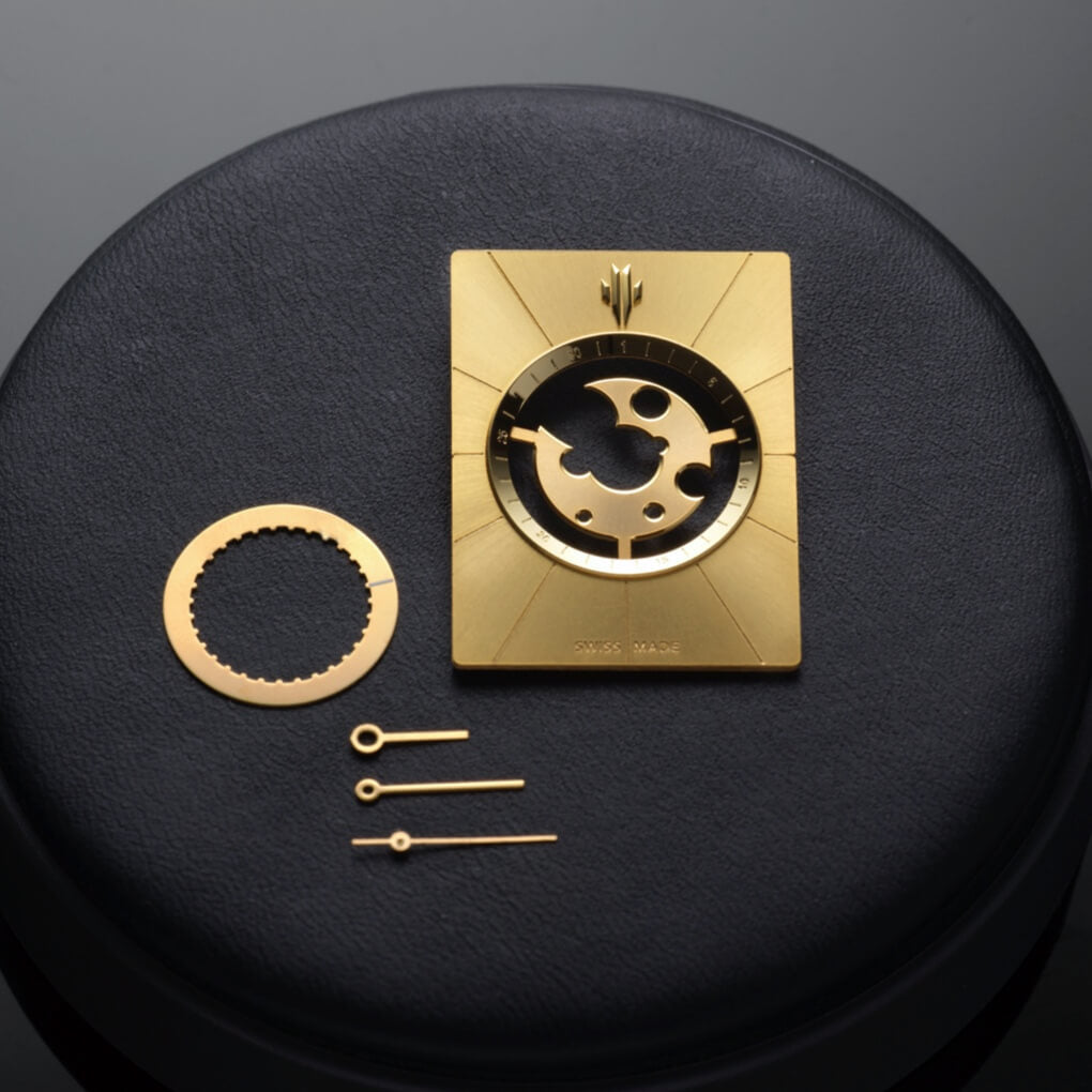 VIEREN Gold Sunray rectangular watch dial with polished skeleton design and gold hands