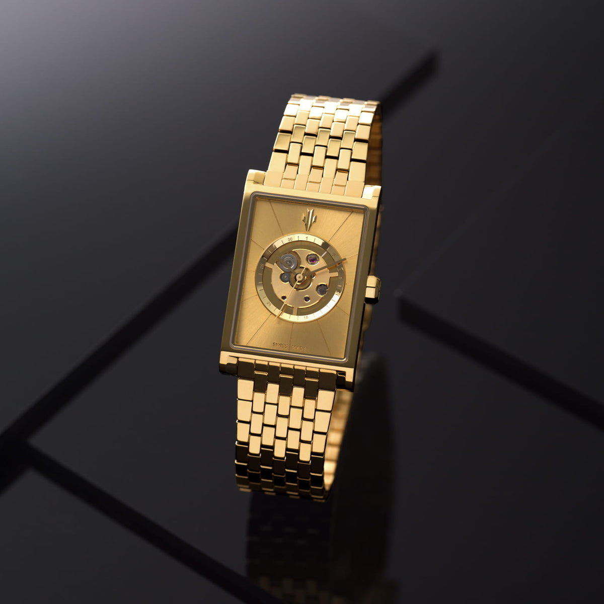 VIEREN Gold Sunray gold rectangular watch with brushed gold skeleton dial