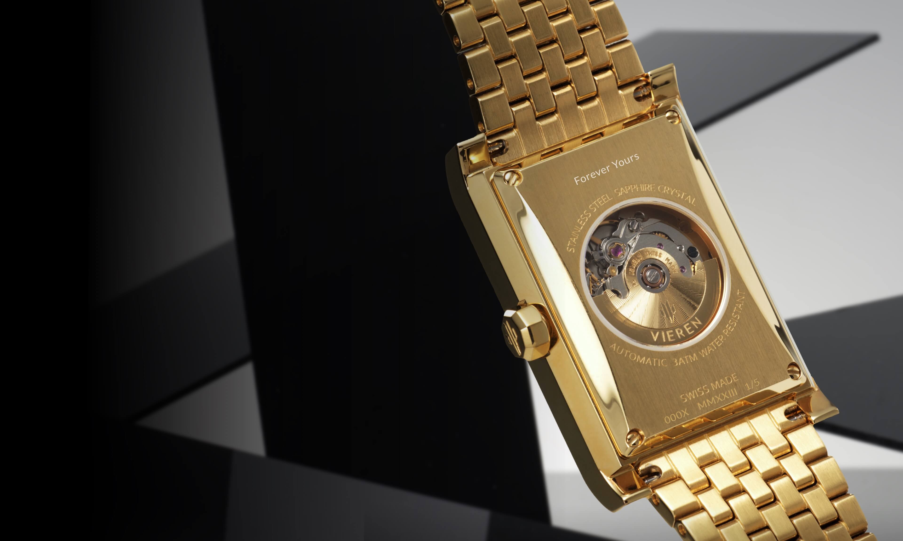 VIEREN gold Swiss Made automatic watch caseback with "Forever Yours" engraving