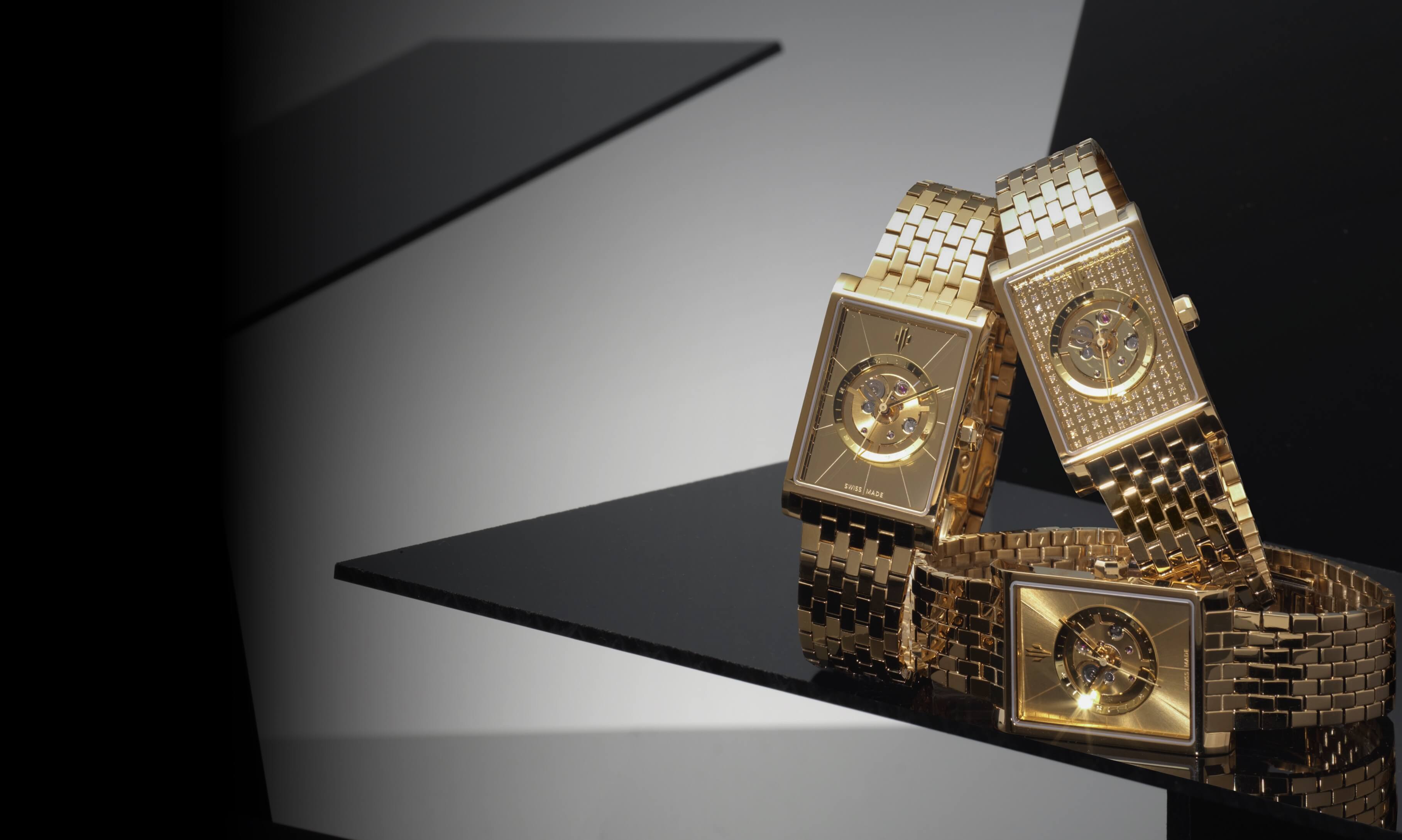 VIEREN gold watches collection with rectangular skeleton designs