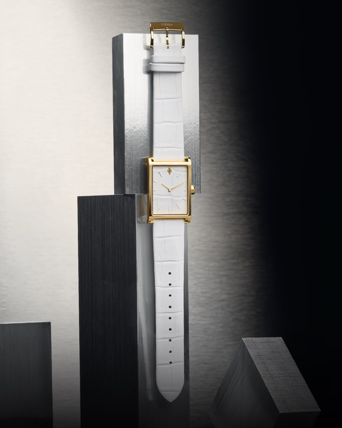 VIEREN Gold White Croc leather gold rectangular watch with genuine leather dial and strap