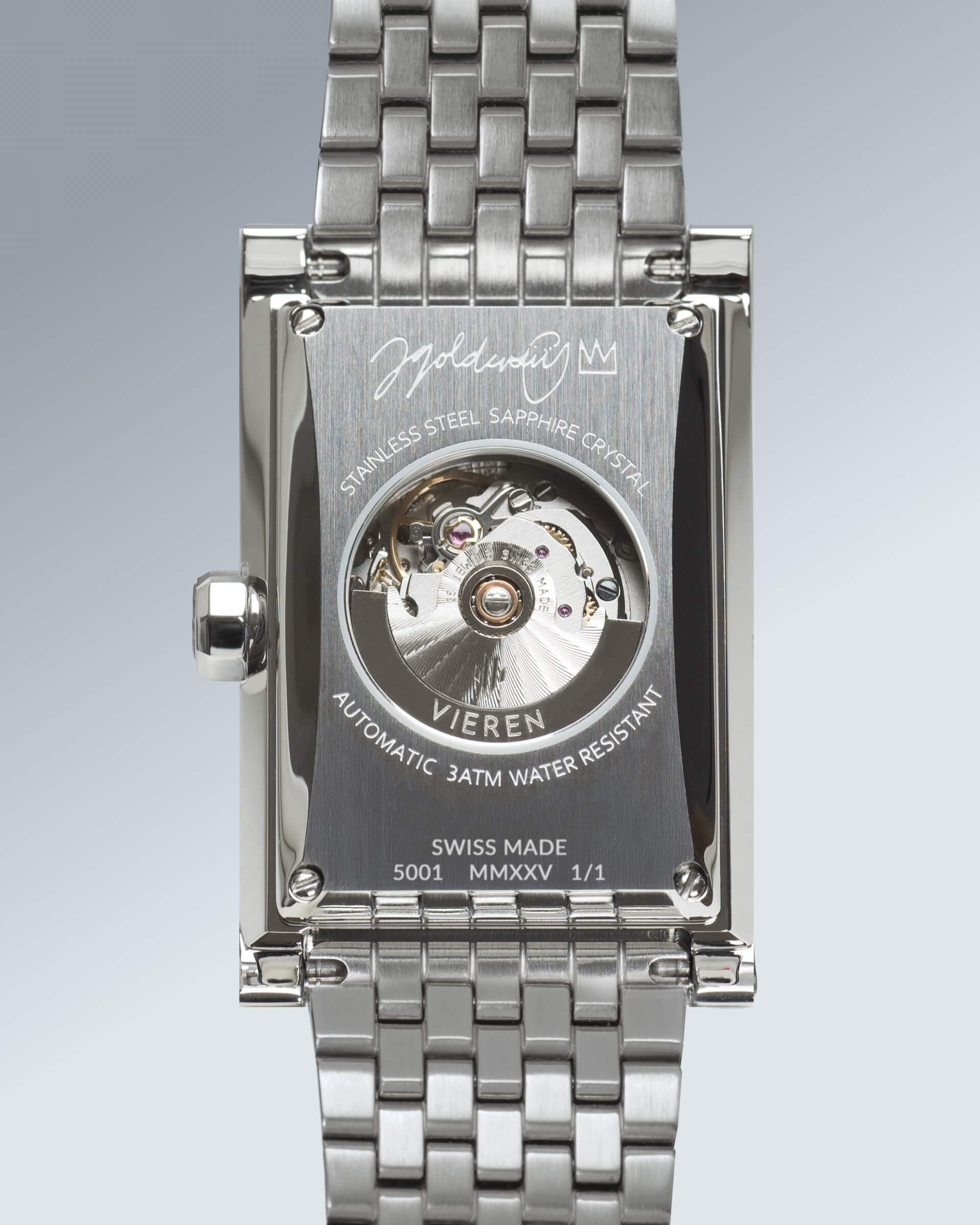 VIEREN x James Goldcrown rectangular watch with Swiss Made ETA 2671 automatic movement and engraved artist signature