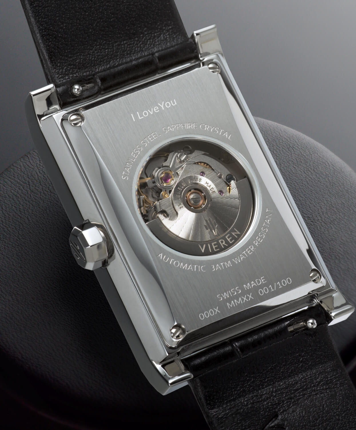 VIEREN black leather rectangular watch caseback with "I Love You" message engraving