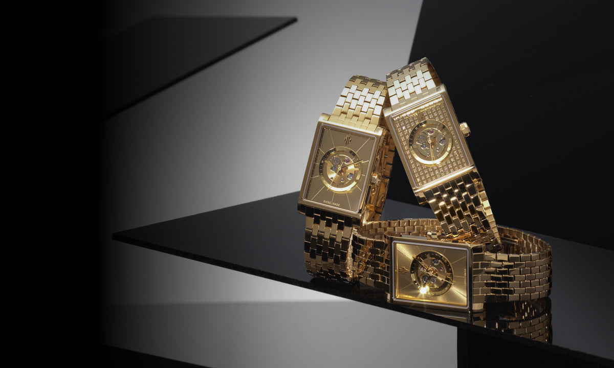 VIEREN gold watches collection with rectangular skeleton designs