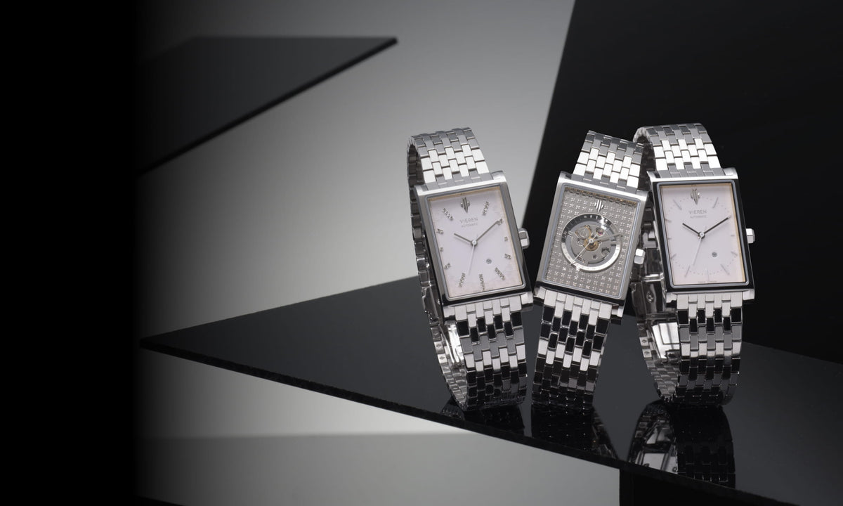 VIEREN silver rectangular watches with Swiss Made automatic movements