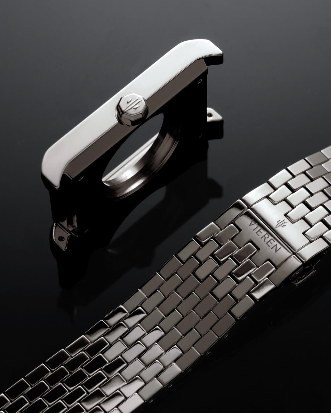 VIEREN 316L stainless steel rectangular watch case with integrated bracelet