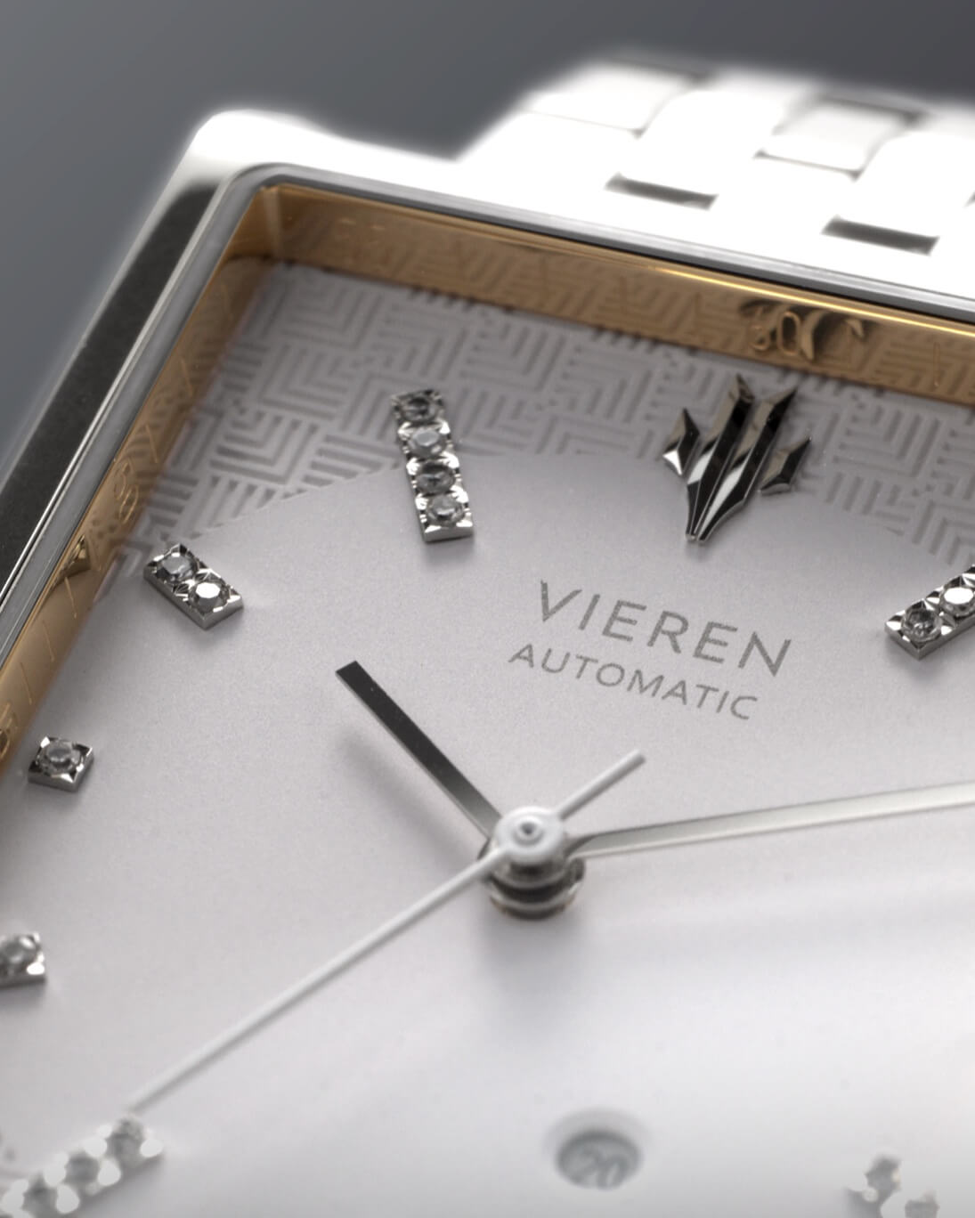 VIEREN White Diamond watch with geometric patterned diamond dial and gold details