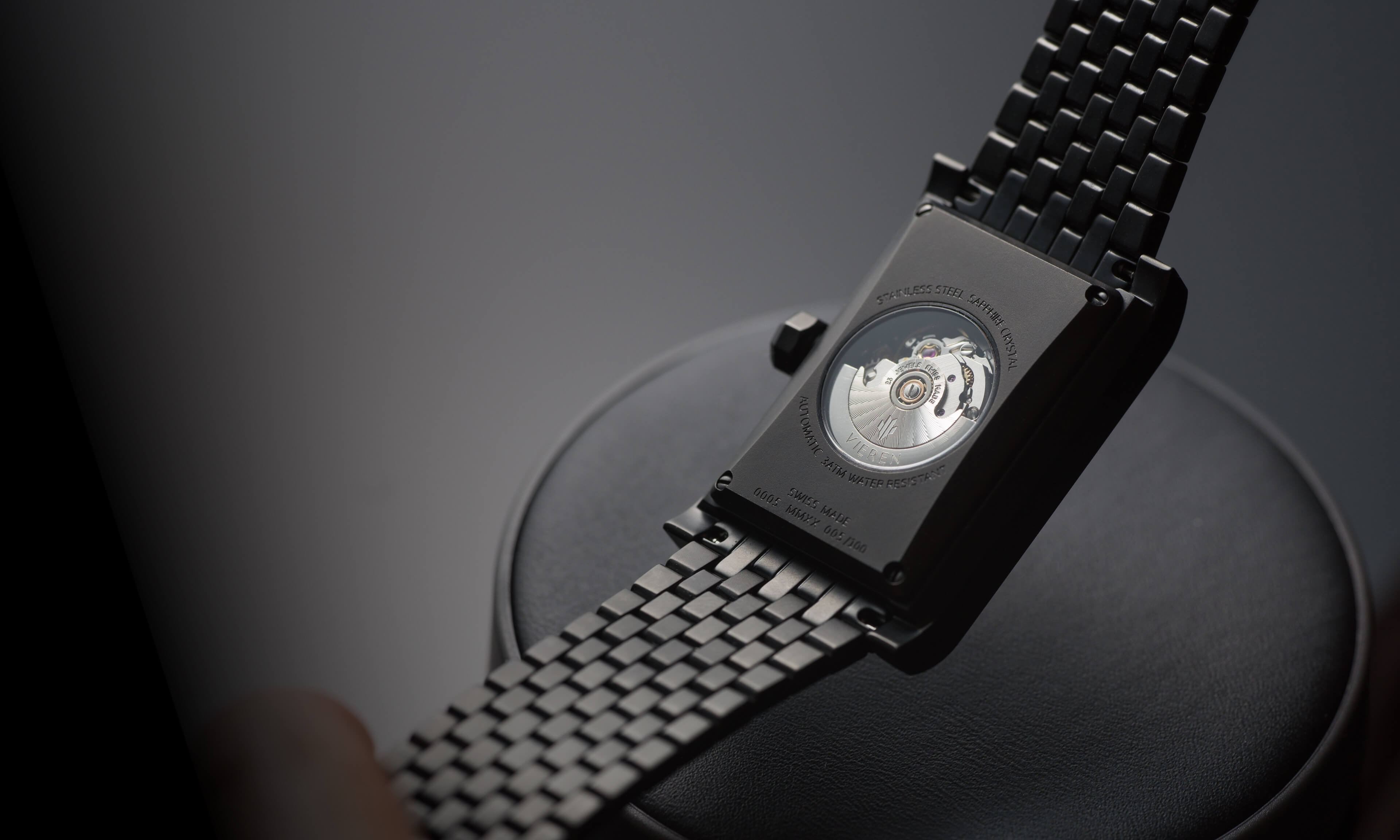 VIEREN black rectangular watch caseback with Swiss ETA 2671 automatic movement