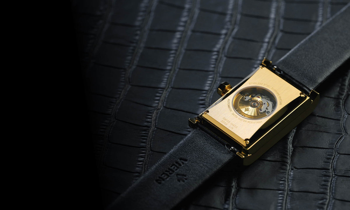 VIEREN Gold Black Croc leather gold rectangular watch caseback with Swiss Made automatic movement